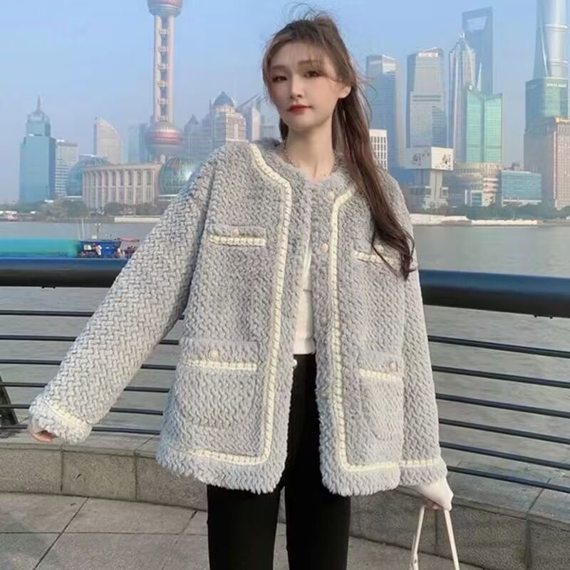Round Neck Plain Contrast Trim Tweed Button Jacket