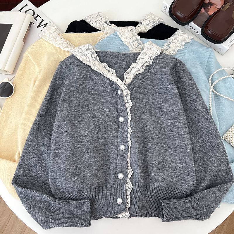 Cropped V-Neck Lace Trim Cardigan