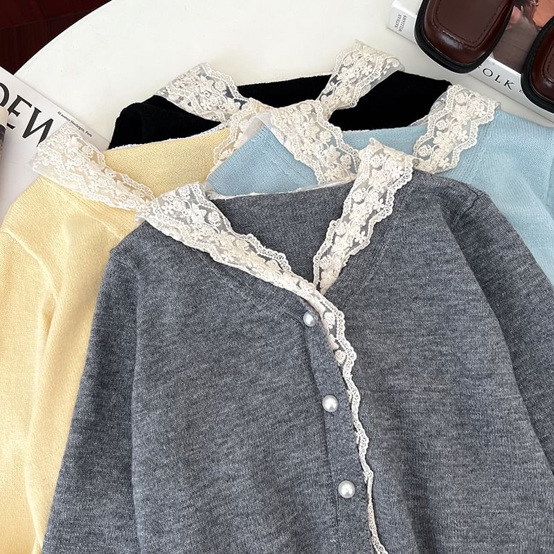 Cropped V-Neck Lace Trim Cardigan