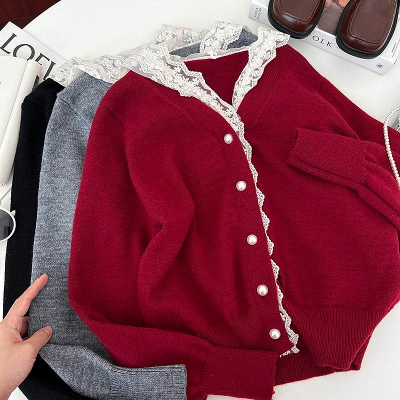Cropped V-Neck Lace Trim Cardigan