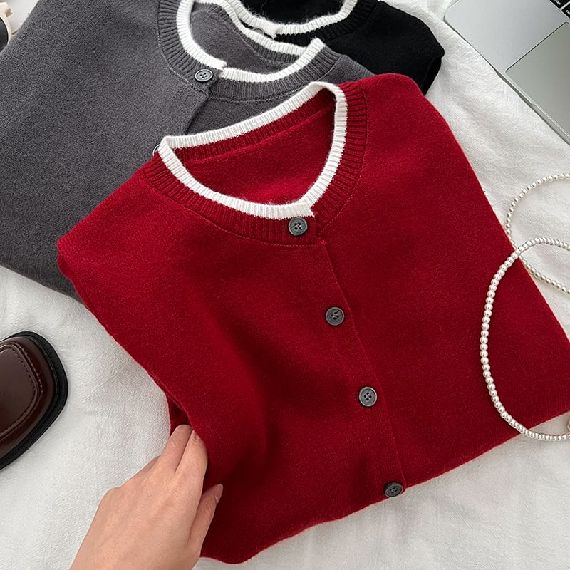 Contrast Trim Button Cardigan Set with High-Waisted Mini A-Line Skirt