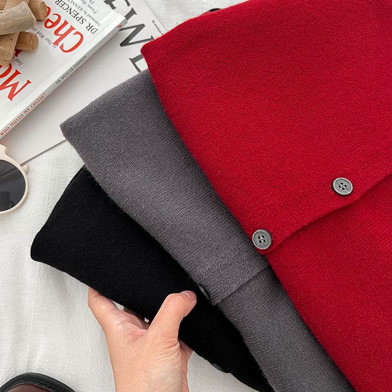 Contrast Trim Button Cardigan Set with High-Waisted Mini A-Line Skirt
