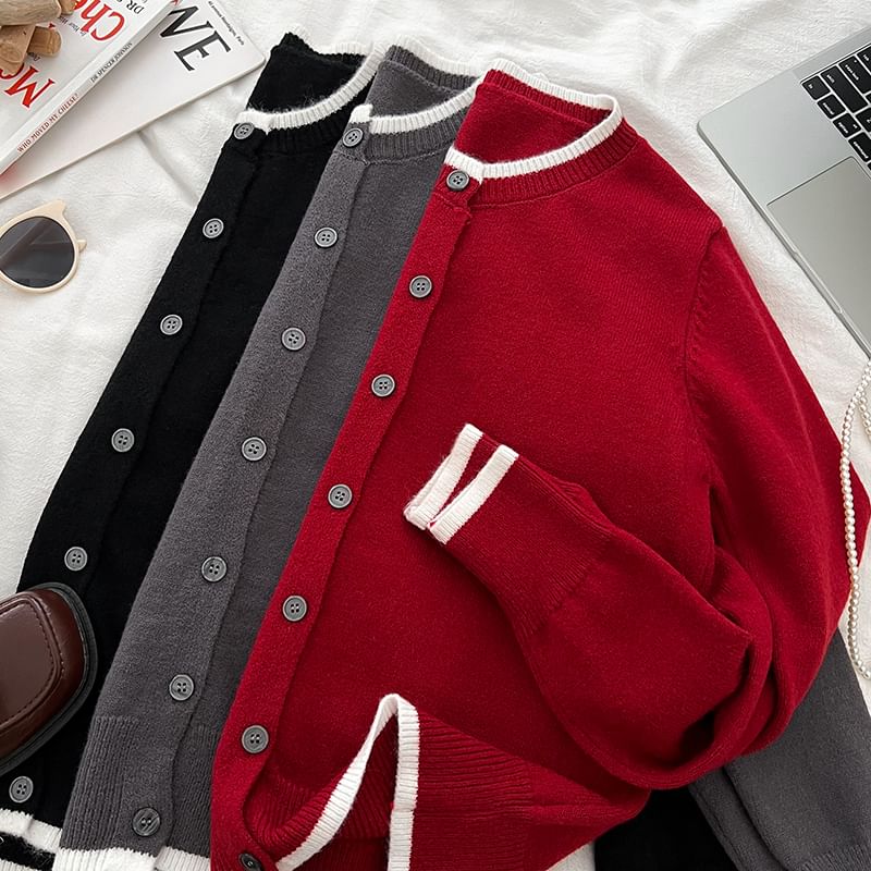 Contrast Trim Button Cardigan Set with High-Waisted Mini A-Line Skirt
