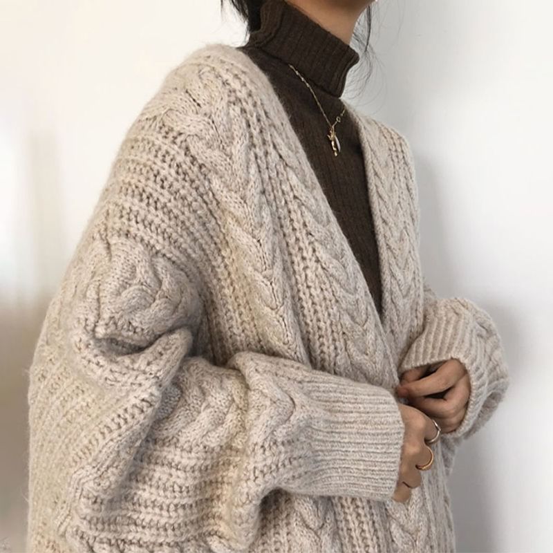 Oversized Open Front Cable Knit Long Cardigan