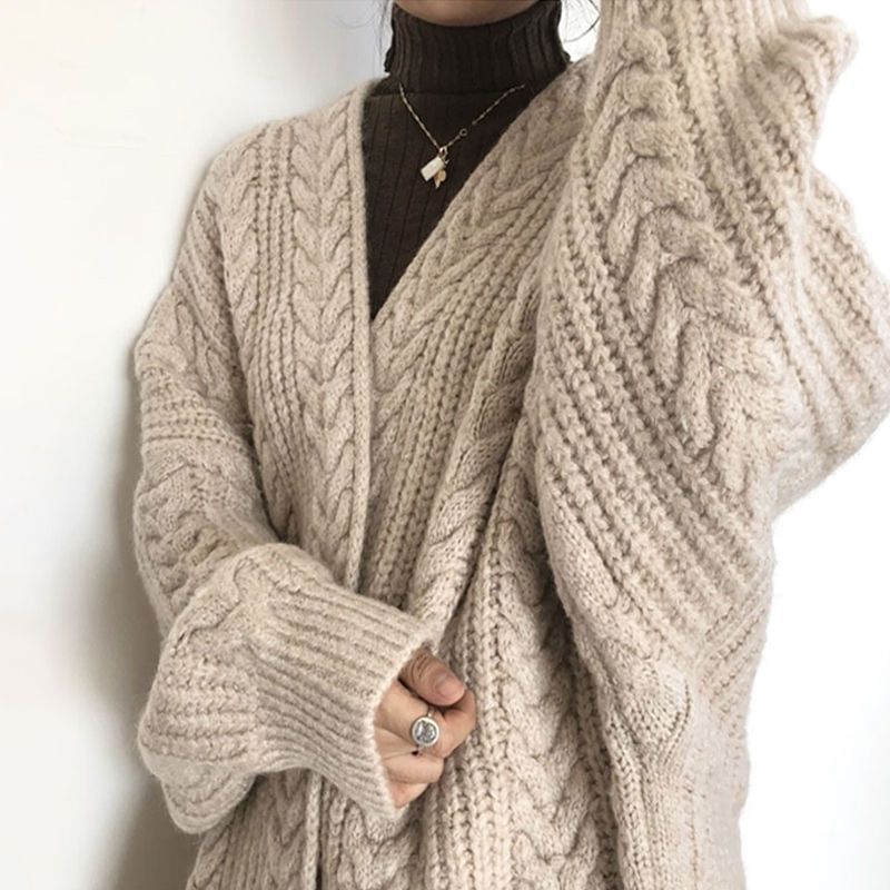 Oversized Open Front Cable Knit Long Cardigan