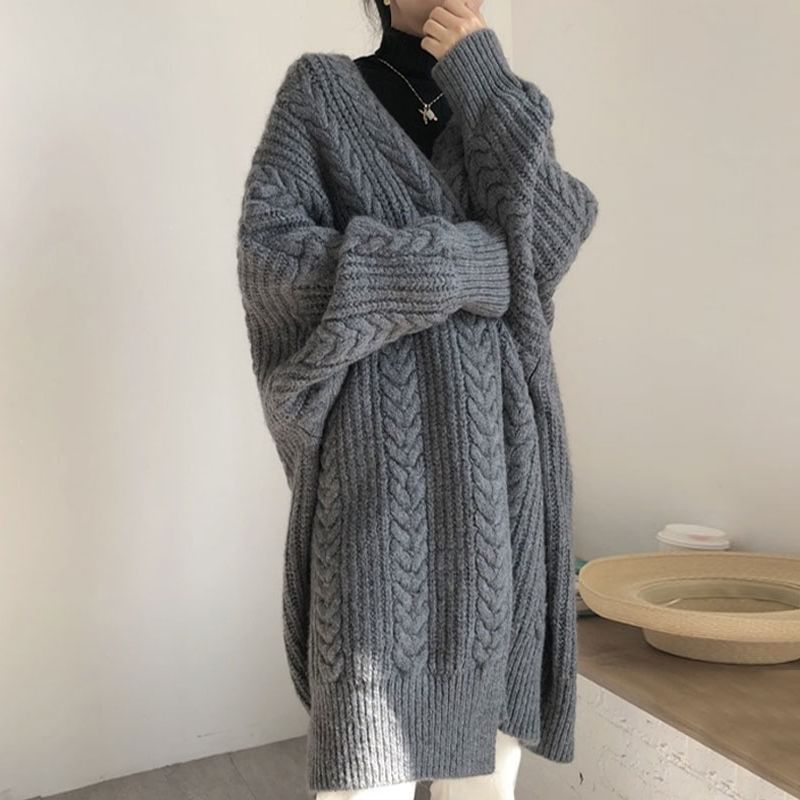 Oversized Open Front Cable Knit Long Cardigan