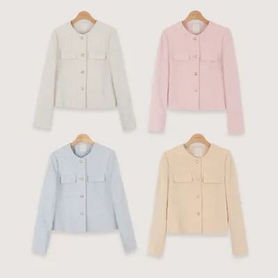 Crew Neck Button-Up Plain Tweed Crop Jacket