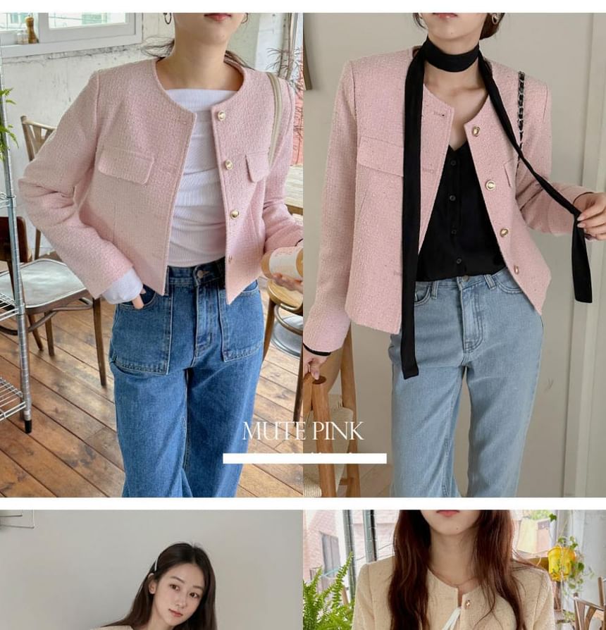 Crew Neck Button-Up Plain Tweed Crop Jacket