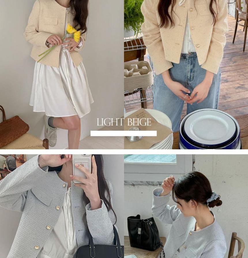 Crew Neck Button-Up Plain Tweed Crop Jacket