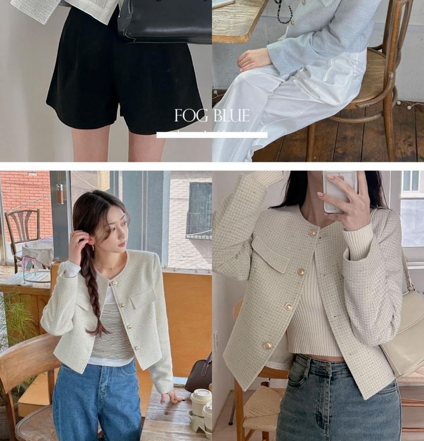 Crew Neck Button-Up Plain Tweed Crop Jacket