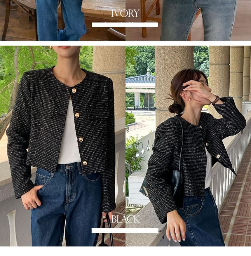 Crew Neck Button-Up Plain Tweed Crop Jacket