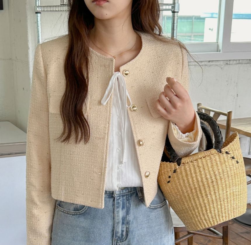 Crew Neck Button-Up Plain Tweed Crop Jacket