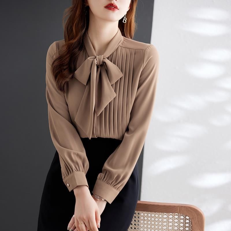 Tie-Neck Pintuck Long-Sleeve Basic Blouse