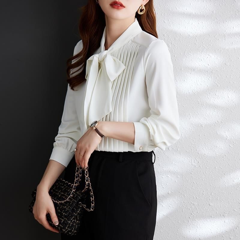 Tie-Neck Pintuck Long-Sleeve Basic Blouse
