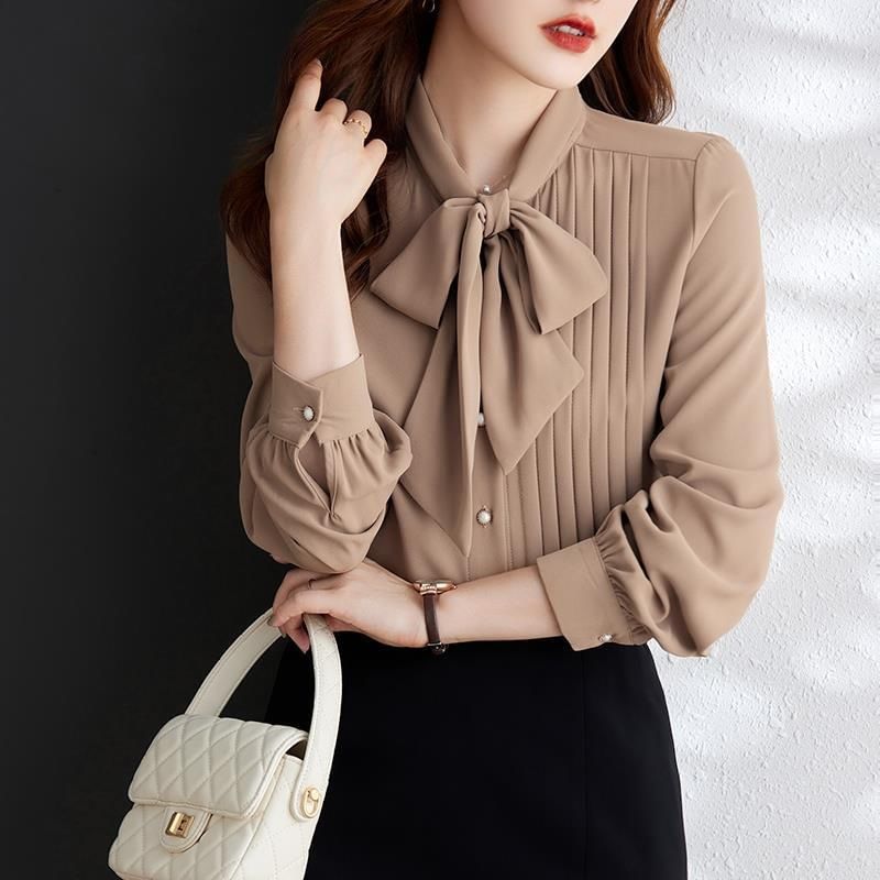 Tie-Neck Pintuck Long-Sleeve Basic Blouse