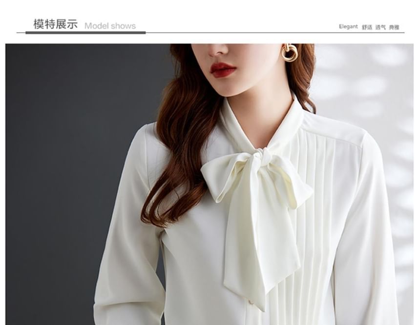Tie-Neck Pintuck Long-Sleeve Basic Blouse