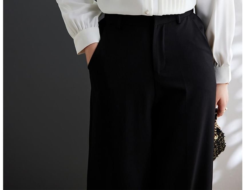 Tie-Neck Pintuck Long-Sleeve Basic Blouse