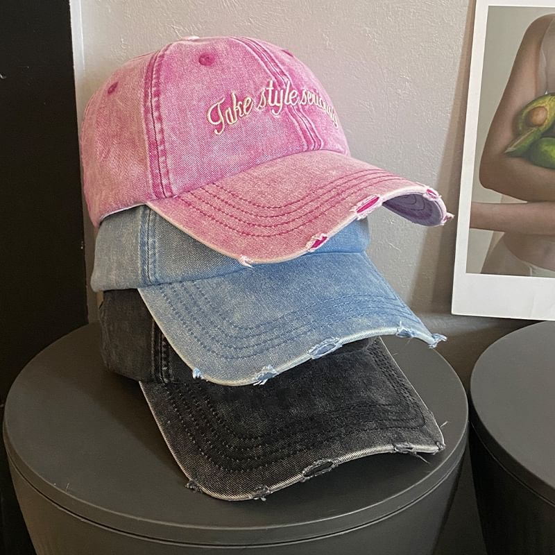 Lettering Embroidered Distressed Baseball Cap