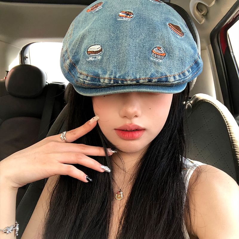 Food Cap Embroidered Denim Flat