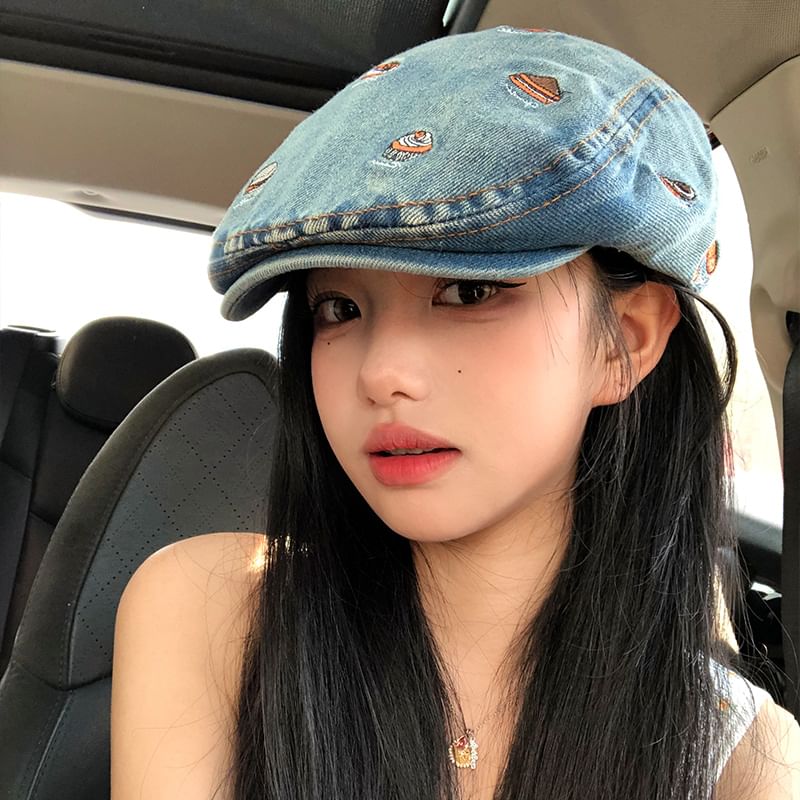 Food Cap Embroidered Denim Flat