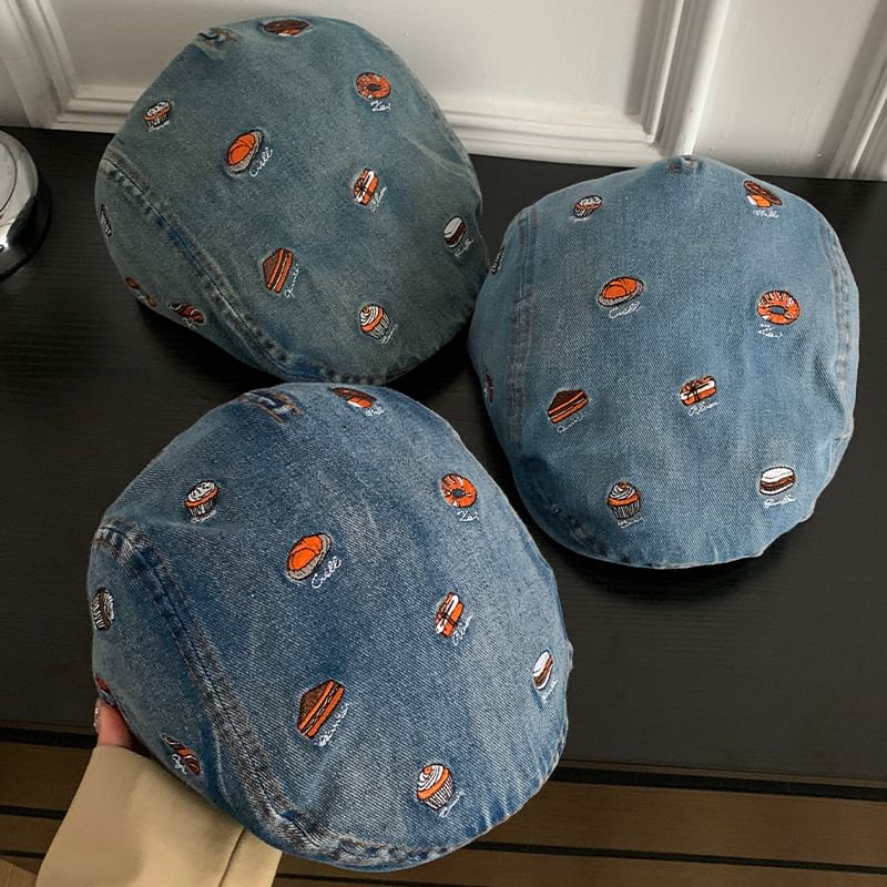 Food Cap Embroidered Denim Flat