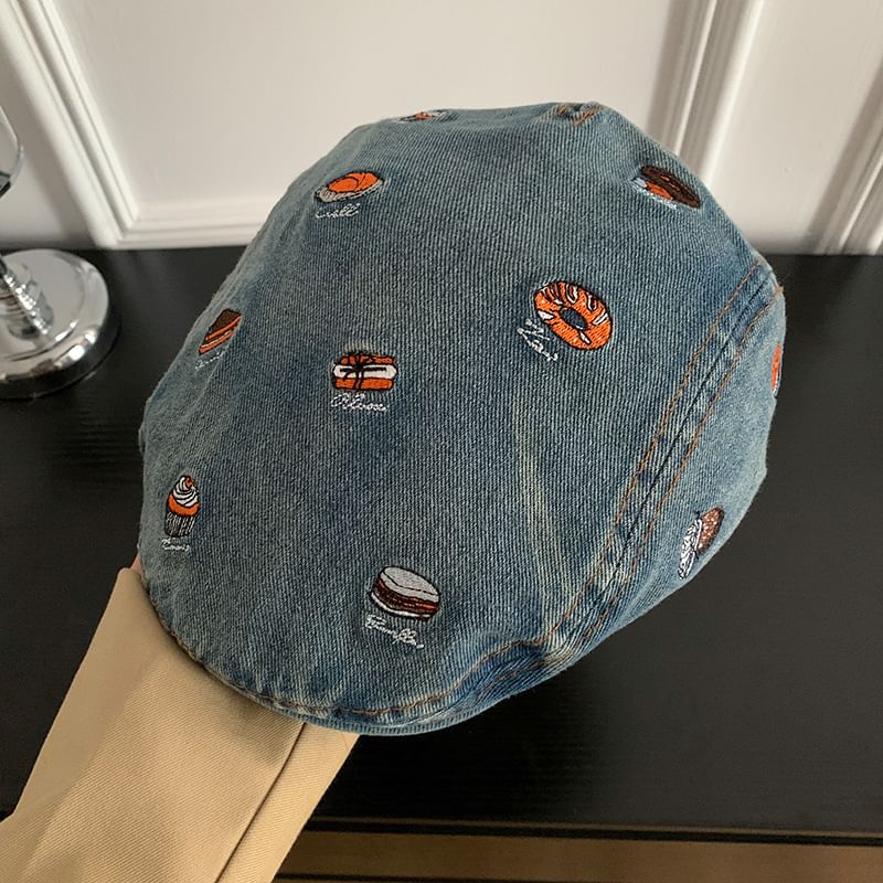 Food Cap Embroidered Denim Flat
