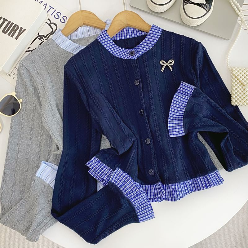 Long Sleeve Mock Two-Piece Plaid Trim Cardigan