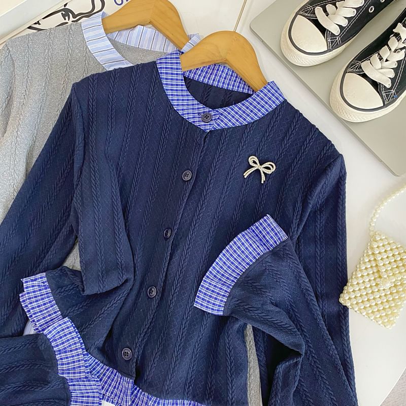 Long Sleeve Mock Two-Piece Plaid Trim Cardigan