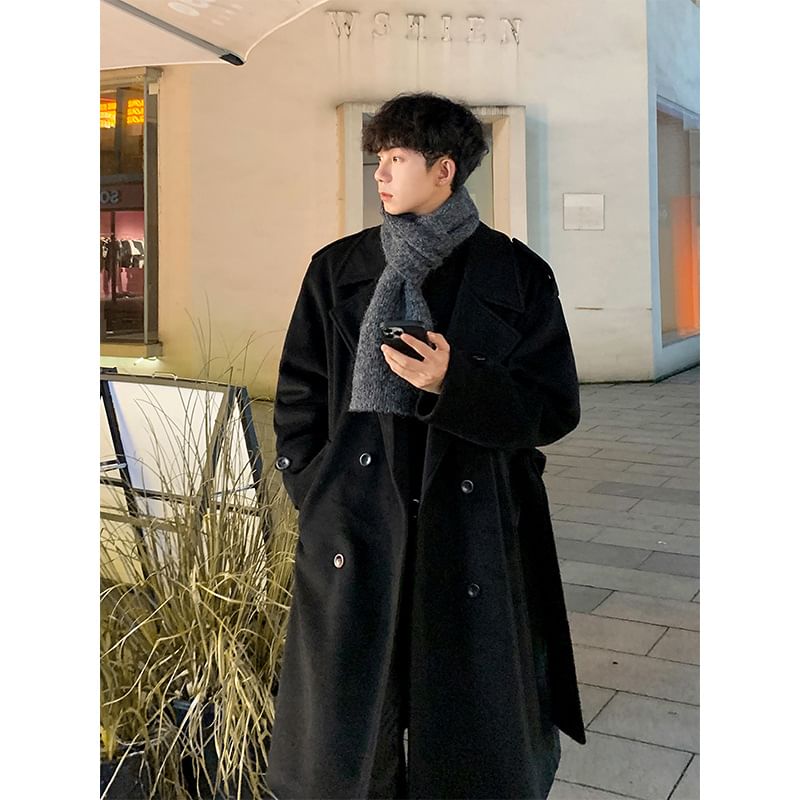 Lapel Collar Plain Double Breasted Wool Long Coat