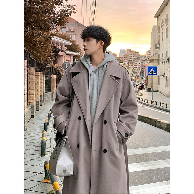 Lapel Collar Plain Double Breasted Wool Long Coat