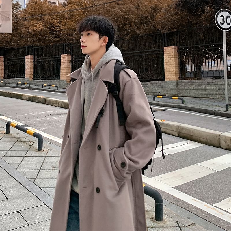Lapel Collar Plain Double Breasted Wool Long Coat