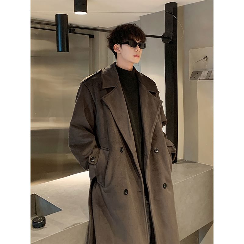 Lapel Collar Plain Double Breasted Wool Long Coat