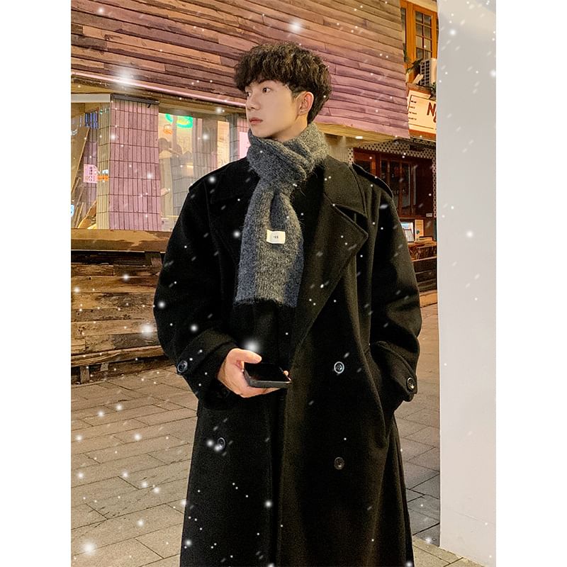 Lapel Collar Plain Double Breasted Wool Long Coat