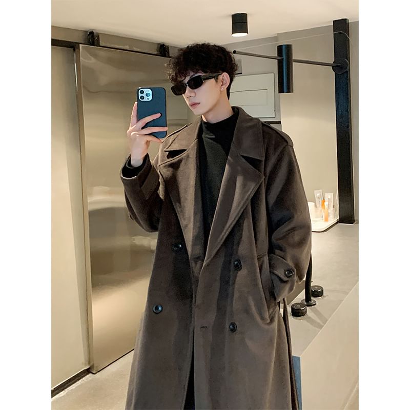 Lapel Collar Plain Double Breasted Wool Long Coat