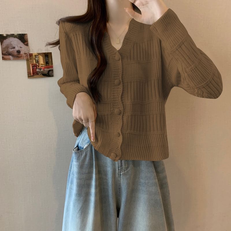 Scallop Trim V-Neck Button Front Plain Cardigan