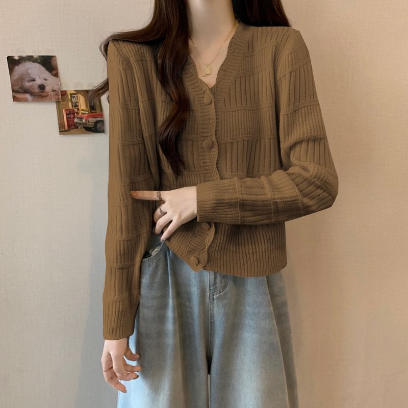 Scallop Trim V-Neck Button Front Plain Cardigan