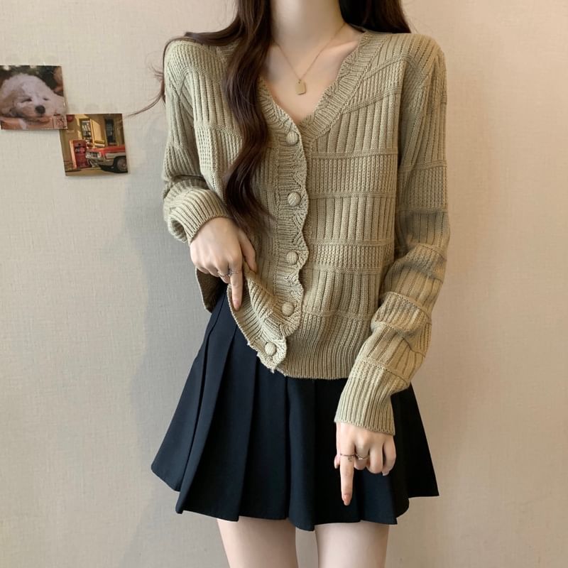 Scallop Trim V-Neck Button Front Plain Cardigan