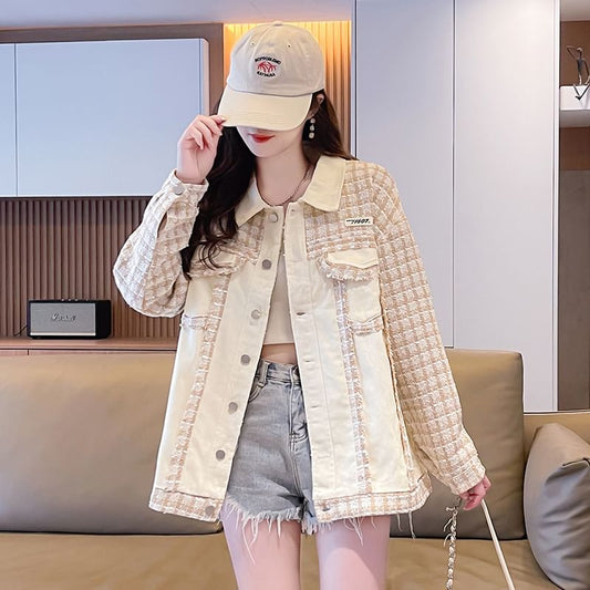 Collared Plaid Denim Panel Button-Up Tweed Jacket