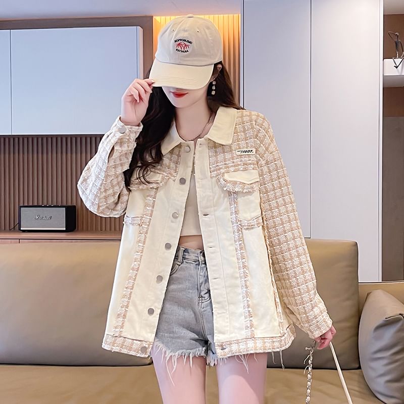 Collared Plaid Denim Panel Button-Up Tweed Jacket