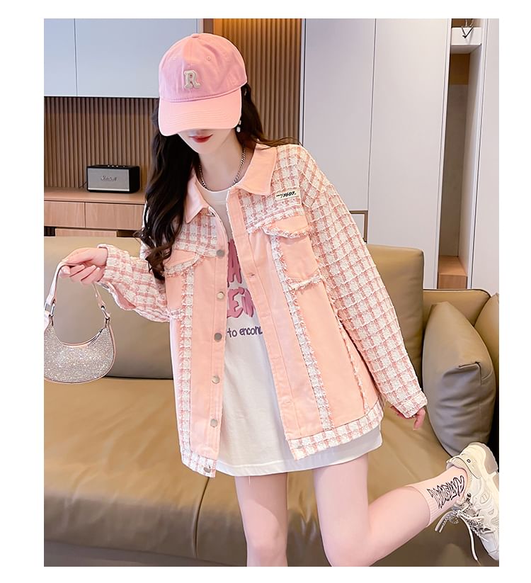 Collared Plaid Denim Panel Button-Up Tweed Jacket