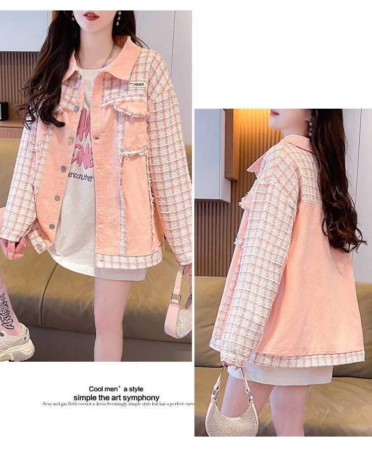 Collared Plaid Denim Panel Button-Up Tweed Jacket