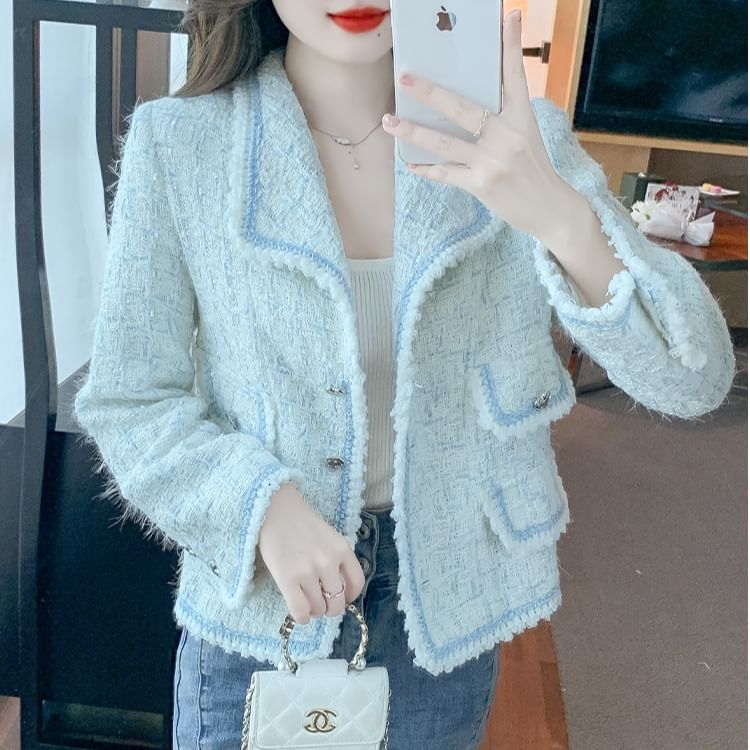 Lapel Collar Contrast Trim Button-Up Tweed Jacket