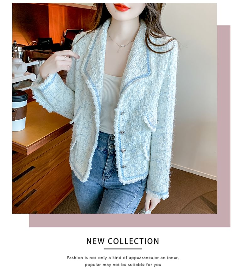 Lapel Collar Contrast Trim Button-Up Tweed Jacket