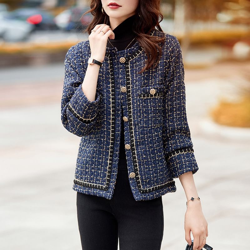 Round Neck Plaid Tweed Button Cropped Jacket