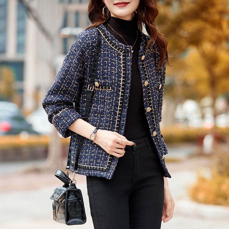 Round Neck Plaid Tweed Button Cropped Jacket