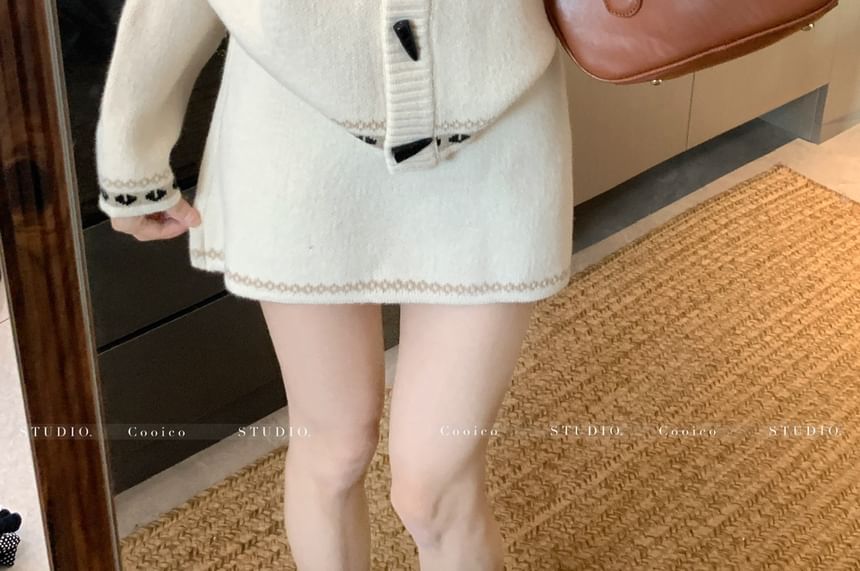 Crewneck Jacquard Cardigan and Mini Skirt Set