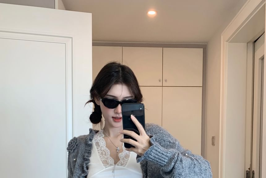 Plain Cardigan and V-Neck Crop Tank Top Set