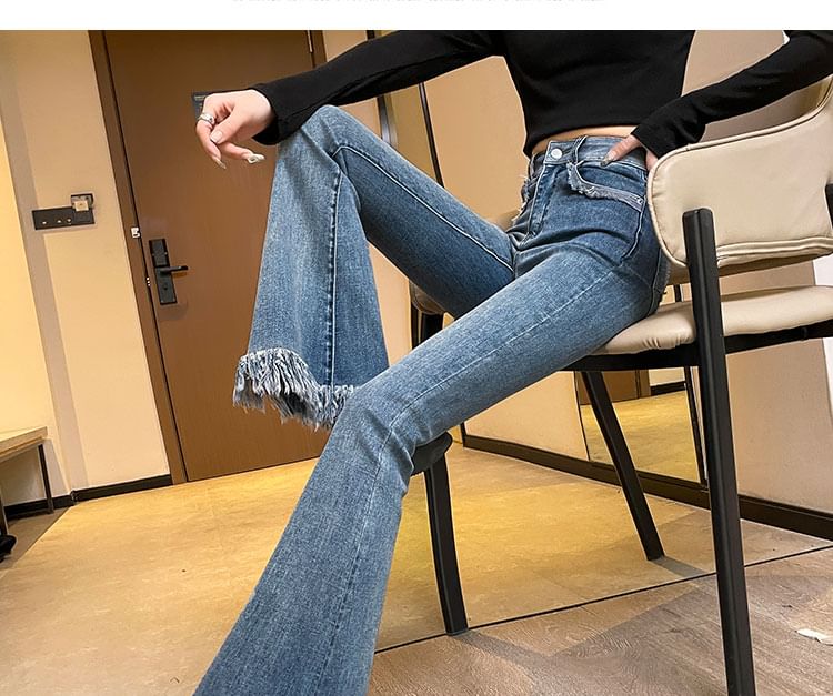 Waist Designs) Flared (Various Hem High Pants Fringed