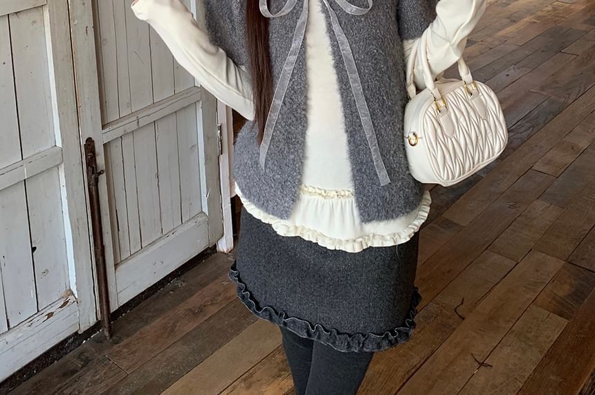Ruffle Tee, Pencil Skirt, and Lace Up Cardigan Set