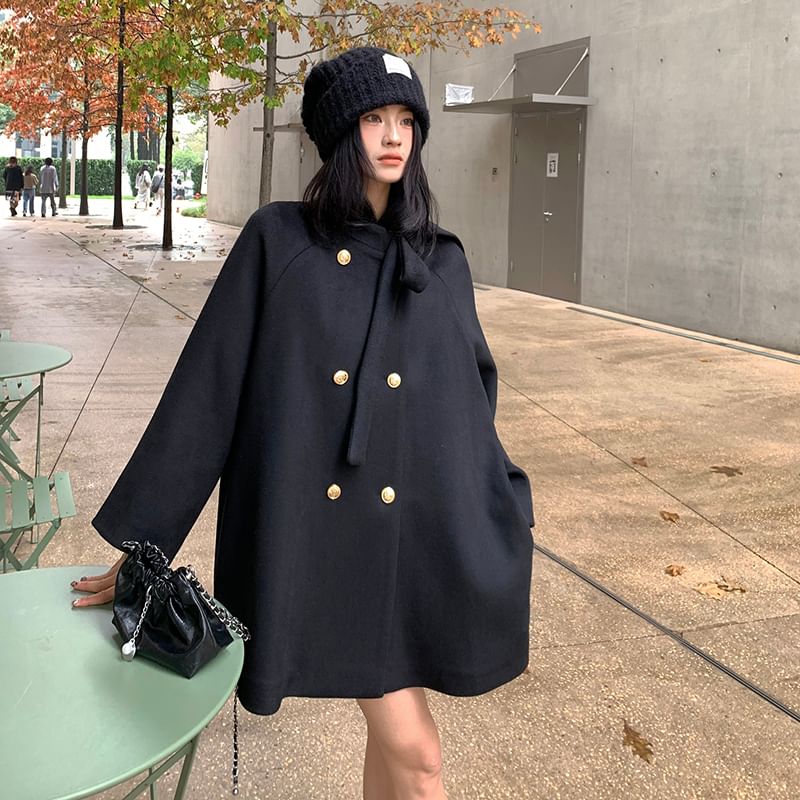 Tie Neck Plain Double Breasted Wool Coat